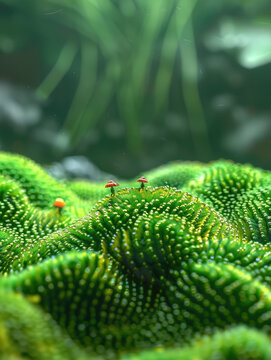 Miniature green coral velvet tea garden, mountain, with small people picking,  illustration made with Generative Ai