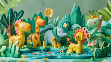 Stoff pro Meter A group of stuffed animals are in a jungle scene. Scene is playful and whimsical © Kowit