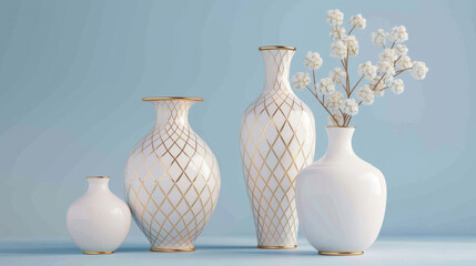 white vases on a blue background with a gold pattern