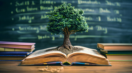 A tree is growing out of an open book. Concept of International Literacy Day.