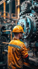 A man in a yellow jacket is standing in front of a large machine. He is wearing a hard hat and safety glasses. The scene is industrial and the man is a worker