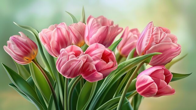 Superb Bouquet of pretty pink and white tulips on wooden background