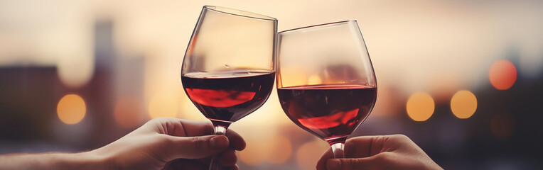 Two male hands toasting or clinking with red wine glasses on a spring and minimalist background 