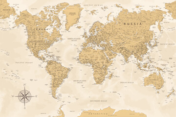 World Map - Highly Detailed Vector Map of the World. Ideally for the Print Posters. Golden Spot Beige Retro Style. With Relief and Depth - obrazy, fototapety, plakaty