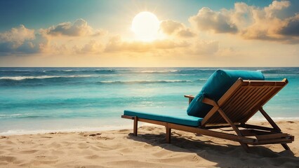 Fototapeta na wymiar A beach with a sun lounger. Around the sun lounger is sand