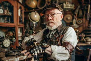 Portrait of a senior man in an old-fashioned costume sitting in his workshop.
 - obrazy, fototapety, plakaty