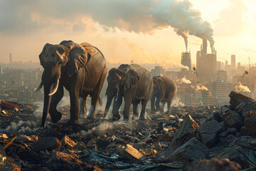 A group of elephants walking through a city with smoke in the background. The elephants are walking through a pile of rubble and debris. The scene is chaotic and unsettling - obrazy, fototapety, plakaty