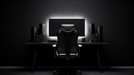 A gaming room setup with a computer that has one screen a minimalist and dark room with sunlight as light source close up with an empty chair 
