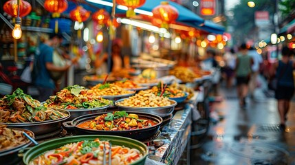 Scene of vibrant street food stalls in China Town in Thailand, bustling with activity, offering a...