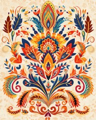 Colorful ornamental design for rug, carpet, tapestry, shawl. Beige, green rug. Indian rug.