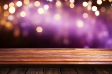 Empty wooden planks or tabletop in front of a blurred bokeh purple background and modern background a product display background or wallpaper concept with front-lighting 