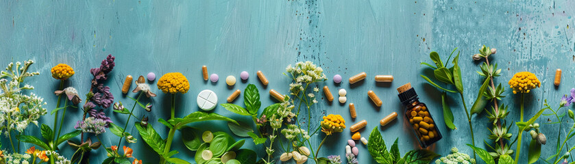 The harmony of herbal supplements in the natural health landscape, where every plant-based remedy brings us closer to wellness. - obrazy, fototapety, plakaty