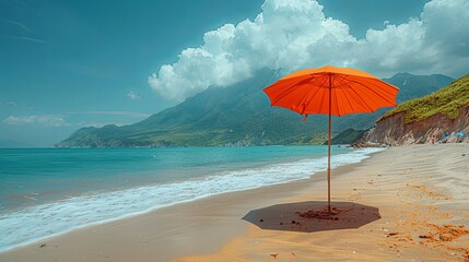 A beach with an umbrella. Around the umbrella is sand, sea