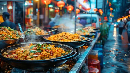 Scene of vibrant street food stalls in China Town in Thailand, bustling with activity, offering a...