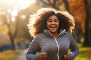 Generative AI image of a happy cheerful plus size woman running in park - Powered by Adobe