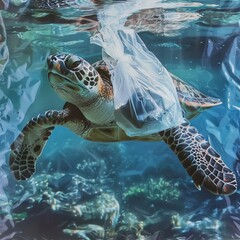 Sea turtle entangled in plastic bag highlighting environmental pollution issues