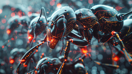 A group of robotic insects are shown in a close up. The insects are all black and have glowing red eyes. The insects are arranged in a way that they appear to be attacking or invading a space - obrazy, fototapety, plakaty