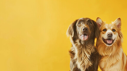Two dogs are standing next to each other on a yellow background. The dogs are smiling and appear to...