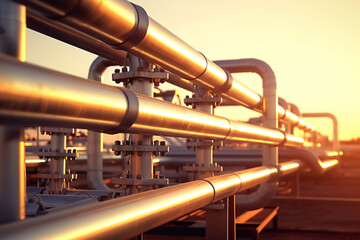  Close up of pipeline and pipe rack of industrial plant or industrial refinery factor with a clear sky at sunset; in the desert the future of energy 