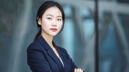 Naklejka premium A woman in a business suit is standing in front of a window. She is wearing a black jacket and a white shirt