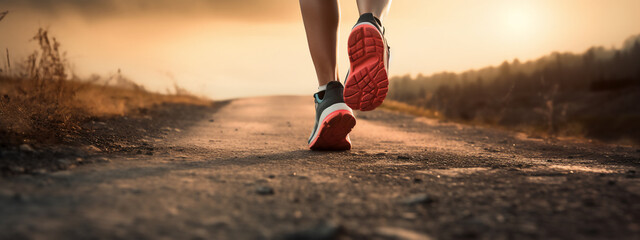 Lady or female / woman Caucasian trail runner running on a asphalt background with a close-up of the trail running shoes during sunset 