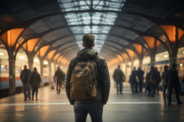 AI generated image back view photo of young person standing in airport summer vacation