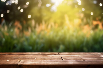 Empty wooden planks or tabletop in front of a blurred bokeh lush grass nature environment with water drops and maximalist background a product display background or wallpaper concept with front-lighti