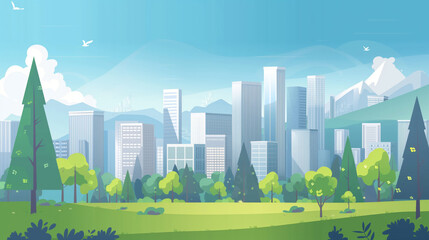 Cityscape of the Olympic village with trees, illustration in a flat style