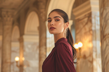 A woman in a red dress stands in front of a building with arched ceilings