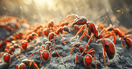 A group of red ants are crawling on a surface. Concept of chaos and disorder as the ants are scattered all over the ground - obrazy, fototapety, plakaty
