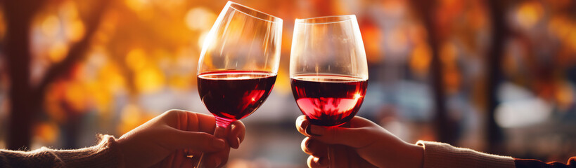 Two female hands toasting or clinking with red wine glasses on a autumn and eccentric background 