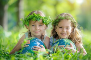 Smiling two child girls with globes in the grass, Earth Day - obrazy, fototapety, plakaty