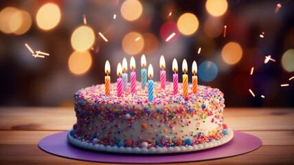 A birthday cake with sprinkles and colorful candles and a background with decorations in bokeh 