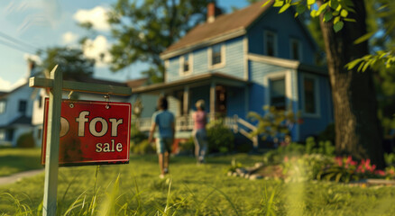 Photo of family in front yard of a blue house with a red "for sale" sign on a white pole - Powered by Adobe