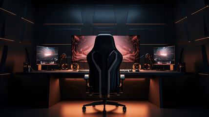 A gaming room setup with a computer that has three screens a minimalist and dark room with sunlight as light source close up with an empty chair 