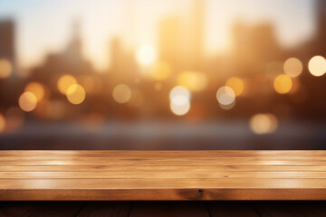 Empty wooden planks or tabletop in front of a blurred bokeh city and minimalist background a product display background or wallpaper concept with front-lighting 