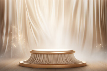 An empty round wooden podium set amidst a soft white blowing drapery curtain drapes with water drops and minimalist background a product display background or wallpaper concept with front-lighting 