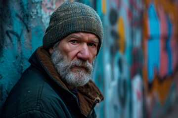Portrait of an old man with a gray beard and mustache on a background of graffiti wall
