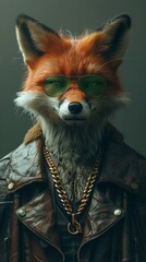 Studio portrait of an anthropomorphic fox, wearing sunglasses, gold chain and trendy jacket.