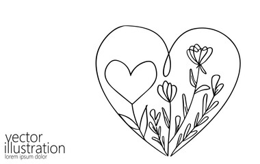 Heart with flowers single continuous line art. Romantic love date relationship couple silhouette concept design one sketch outline drawing white vector illustration