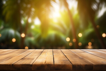 Empty wooden planks or tabletop in front of a blurred bokeh lush tropical forest and modern background a product display background or wallpaper concept with front-lighting 