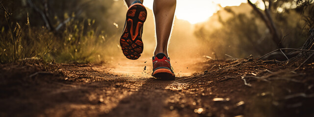  male or man South-African trail runner running on a forest path with a close-up of the trail running shoes during sunset 