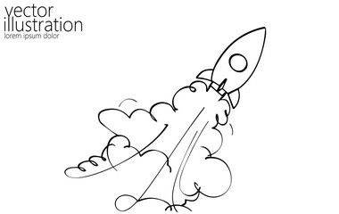  Continuous rocket one line silhouette. Hand drawing sketch spaceship creative idea concept. Black white launch shuttle technology vector illustration
