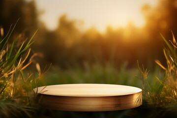 An empty round wooden podium set amidst a lush grass nature environment with water drops and maximalist background a product display background or wallpaper concept with front-lighting 