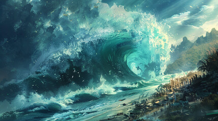 Stormy Seas, Tsunami Hits thw sunny shore Illustration - obrazy, fototapety, plakaty