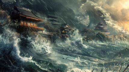 Stormy Seas, Tsunami Hits Chinese Style Village Illustration - obrazy, fototapety, plakaty