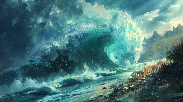 Stormy Seas, Tsunami Hits thw sunny shore Illustration