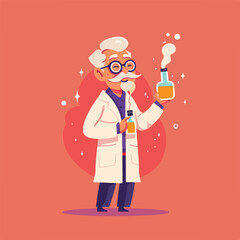 Professor mascot holding chemical liquid bottle