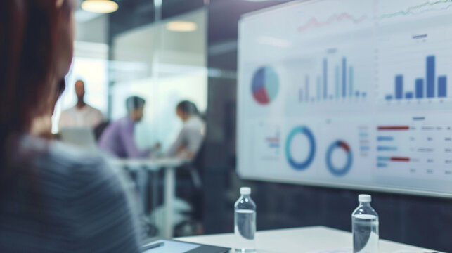 A marketing team meeting in a modern office, with blurred whiteboard and charts in the background