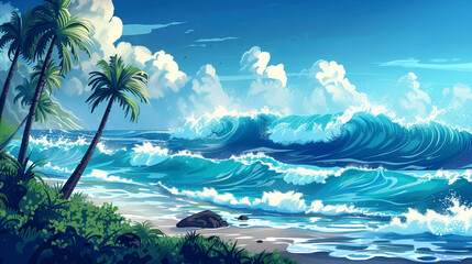 Fototapeta na wymiar Sunny Coastline, Serene Seashore with Ocean Waves and White Clouds Illustration